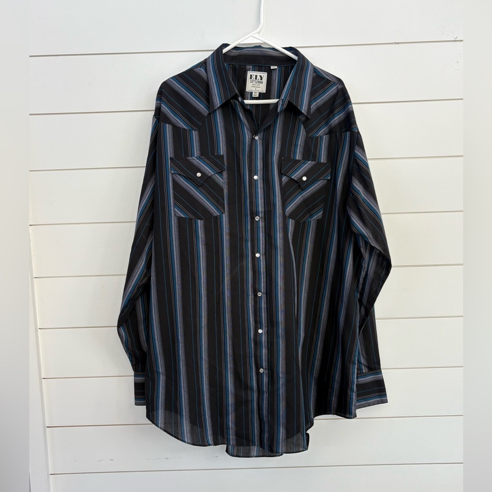 Ely Cattleman Black Button-Down Shirt with Blue and Gray Stripes